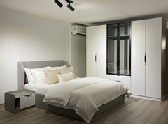 Complete bedroom – bed + wardrobe + 2 nightstands + dresser with frame – gray × white melamine counter wood – model ABG-001-A