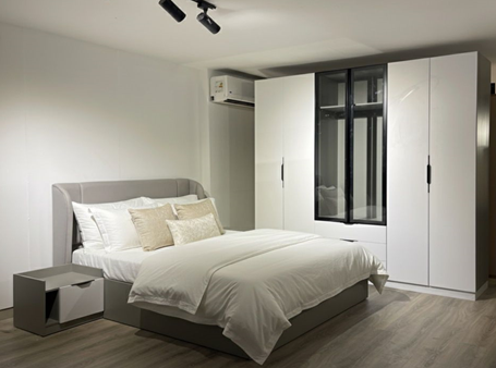 Complete bedroom – bed + wardrobe + 2 nightstands + dresser with frame – gray × white melamine counter wood – model ABG-001-A