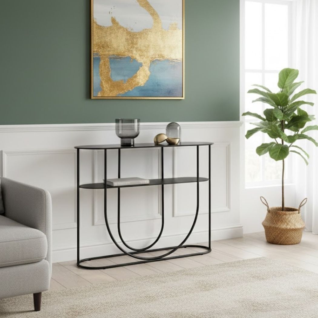 Console with glass top and iron frame for modern decor REL-046