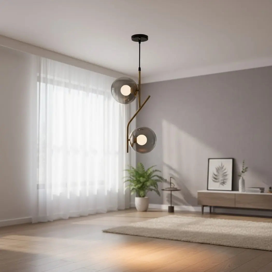 Modern Ceiling Pendant WDD-004 – Luxurious Gold Design with Smoky Glass and Two E27 Light Bulbs