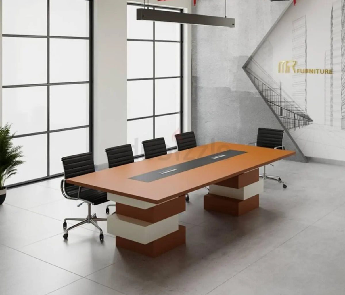 ترابيزة اجتماعات خشب MDF إسباني مع شاسيه معدني – تصميم عصري فاخر