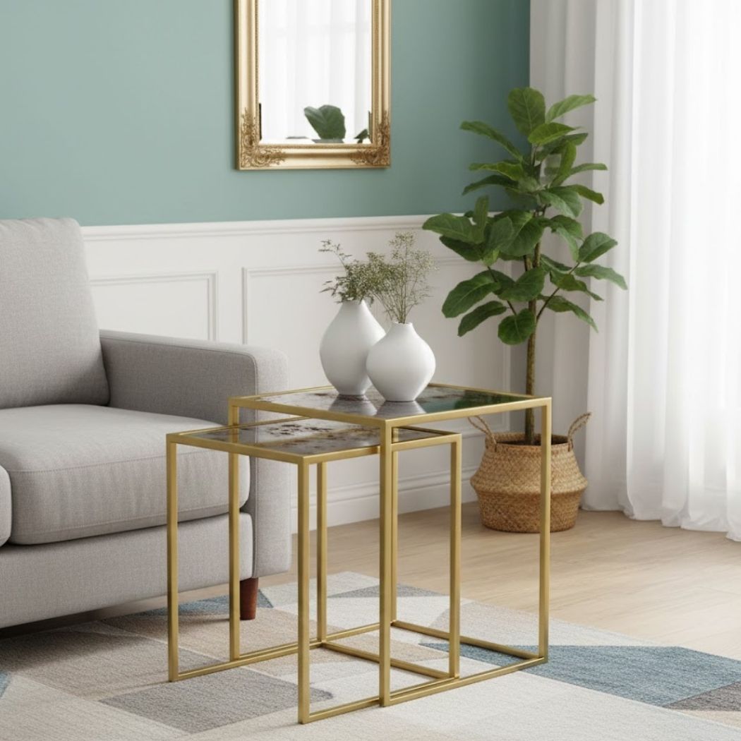 Set of 2 Side Tables with Glass Top and Iron Frame for Modern Decor REL-050