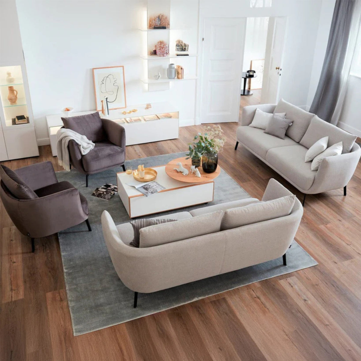 Beech wood sofa set - velor fabric - ENT-042