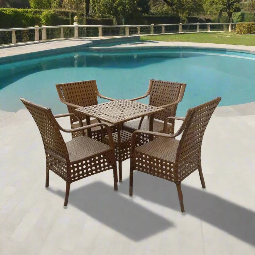 Rattan dining set 4 chairs and table | Elegant outdoor set in wood color