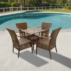 Rattan dining set 4 chairs and table | Elegant outdoor set in wood color