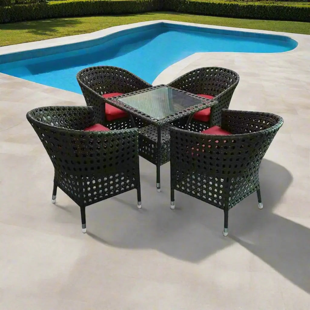 Rattan dining set 4 chairs and table | Elegant outdoor set in black with burgundy fabric