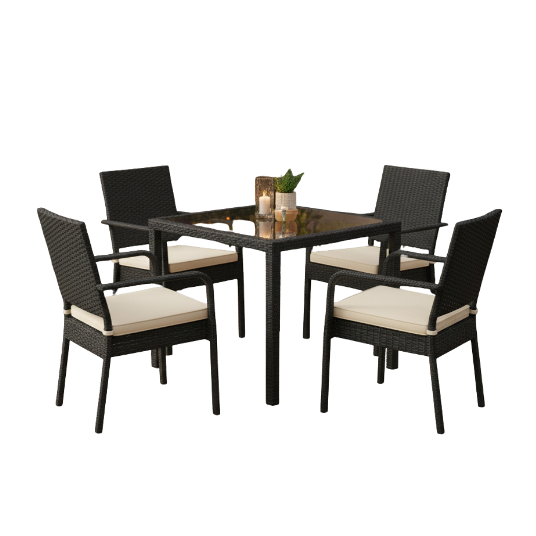 Rattan dining set 4 chairs and table | Elegant outdoor set in black color