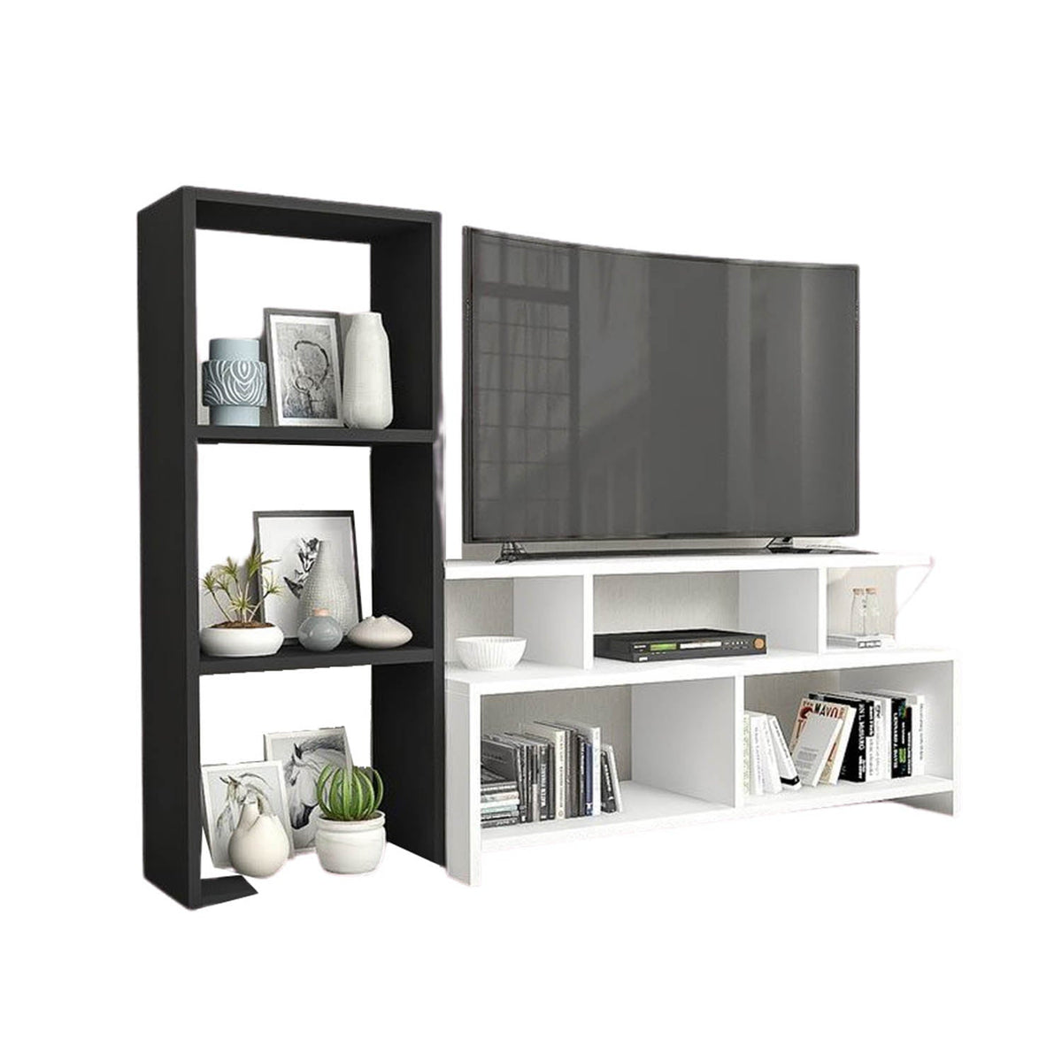 Vedala TV unit with 3 shelves and a side stand made of MDF wood