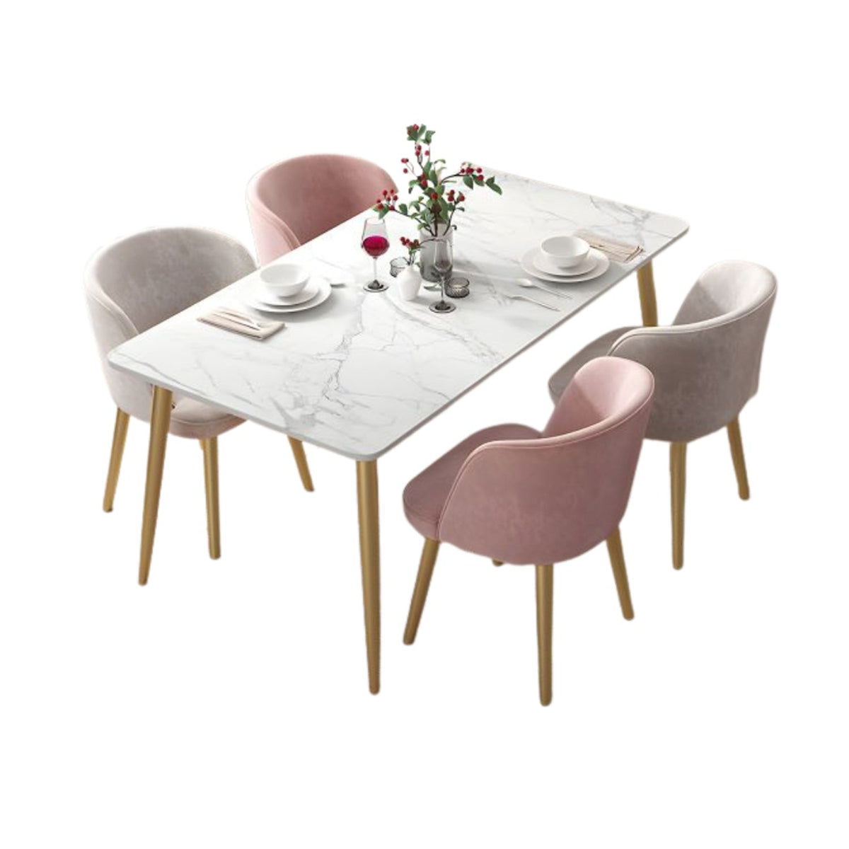 Dining table - 4 metal chairs and a white quartz marble table - LUS-148