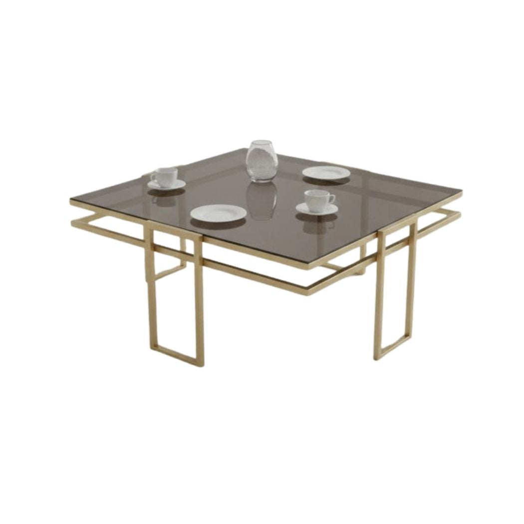 Square Coffee Table with Glass Top and Iron Frame for Modern Decor REL-010
