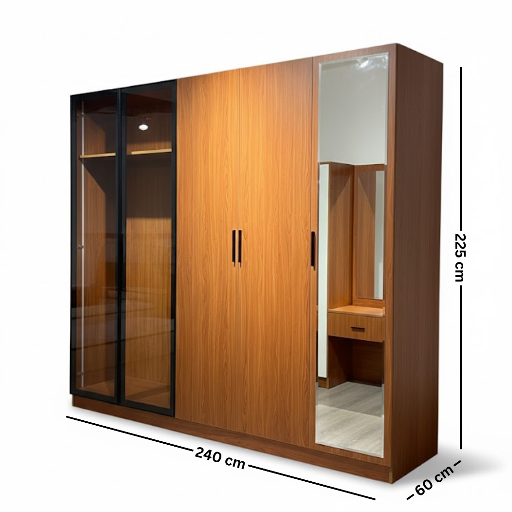 Complete Modern Bedroom Set in Counter Wood – Bed + Wardrobe + 2 Nightstands + Dresser – Model ABG-002-A