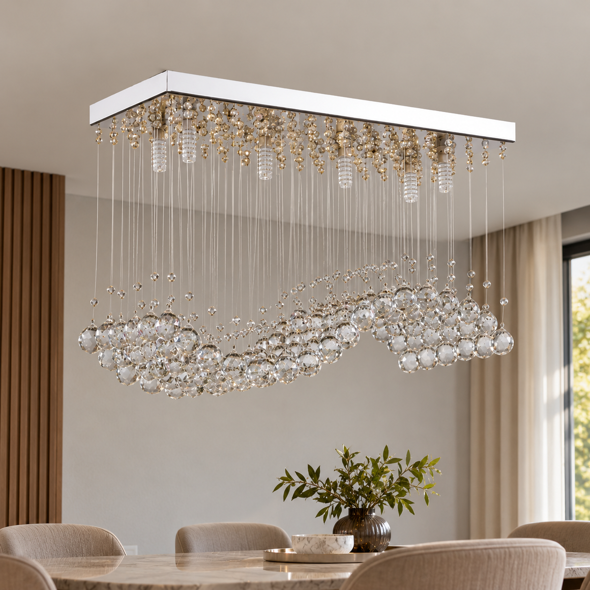 Crystal and steel chandelier with an elegant and luxurious design