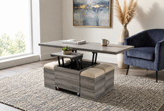 Multi-purpose dining table with 4 poufs made of plywood and Koya linen fabric – Gray OFF-OSS-TAB-003