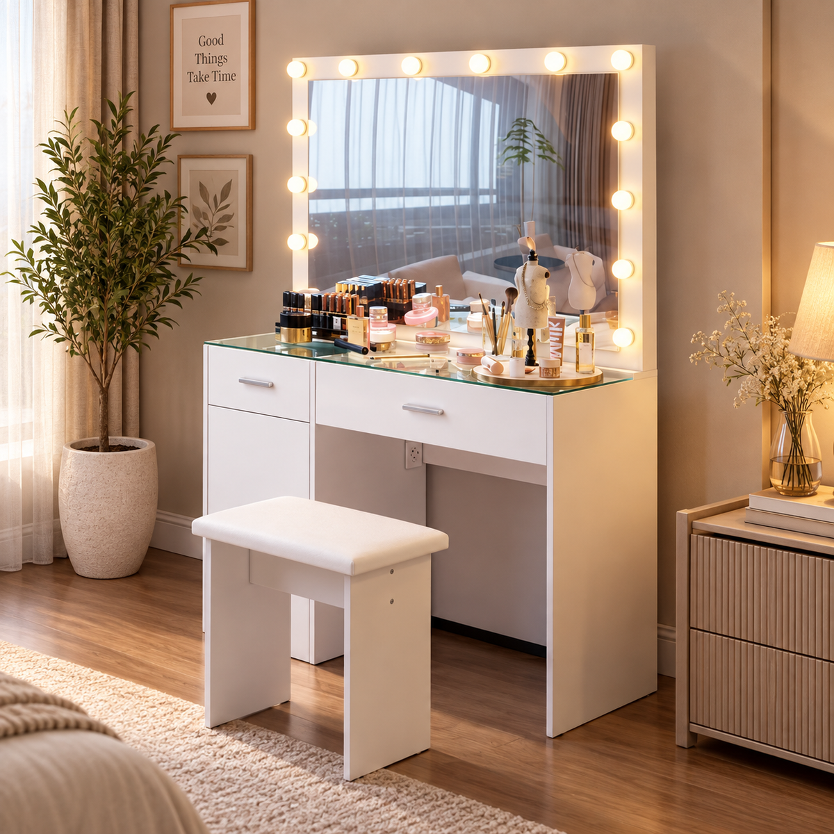 High quality MDF wood dresser with pouf - OSM-053