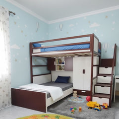 سرير أطفال دورين خشب زان مع دولاب ومكتبة موديل KCT-002 تصميم عملي وآمن لغرفة الأطفال