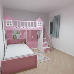 Two-tier beech wood baby bed with wardrobe and bookshelf, model KCT-007, practical design and modern finish
