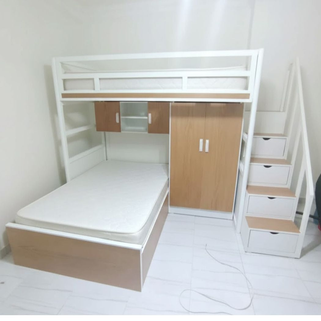 Two-tier beech wood children's bed with wardrobe and bookshelf, model KCT-005, luxury finish and practical solution for the children's room