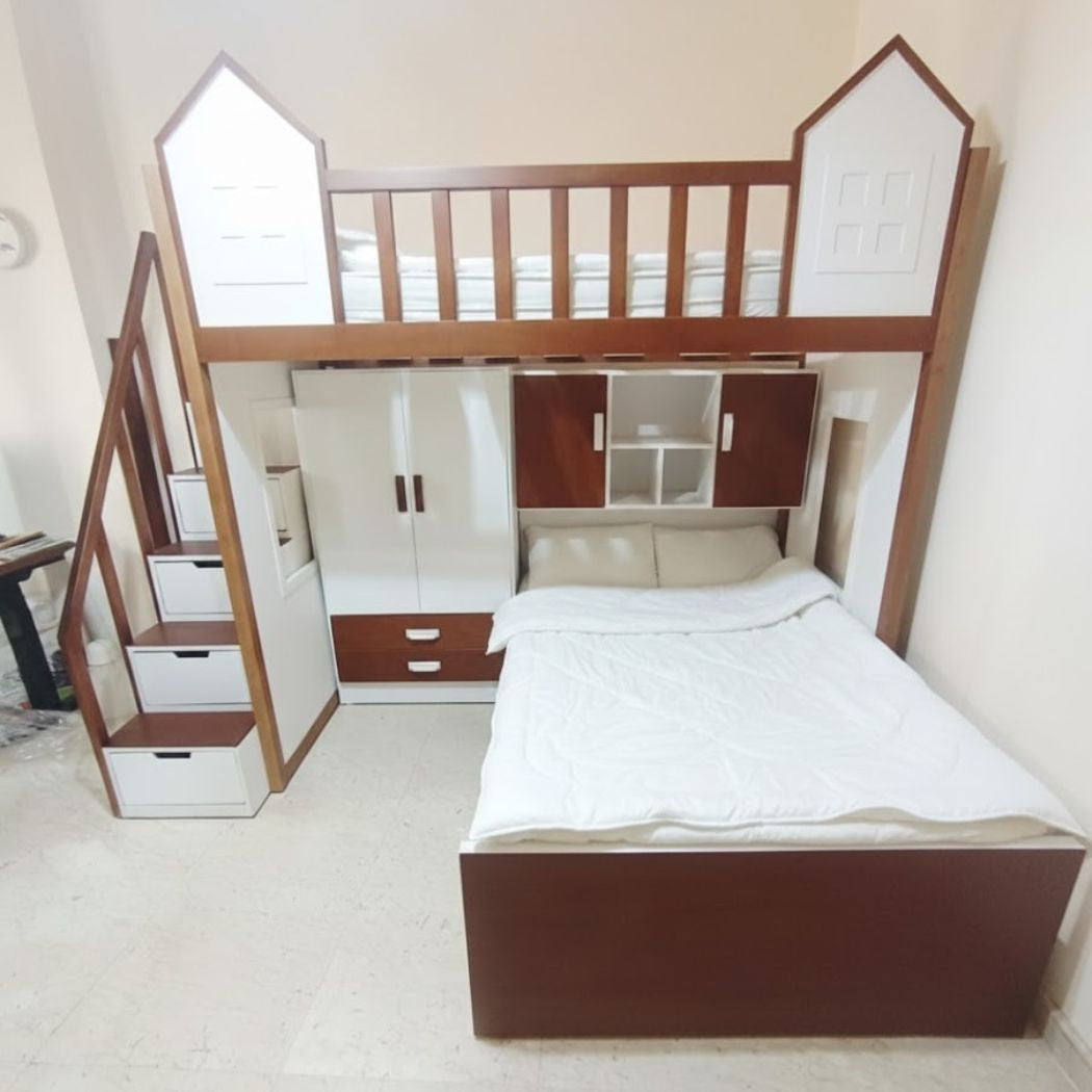 Two-tier beech wood baby bed with wardrobe and bookshelf, model KCT-004, luxury finish and practical design