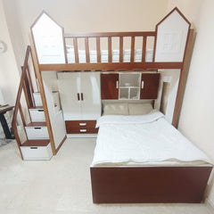 Two-tier beech wood baby bed with wardrobe and bookshelf, model KCT-004, luxury finish and practical design
