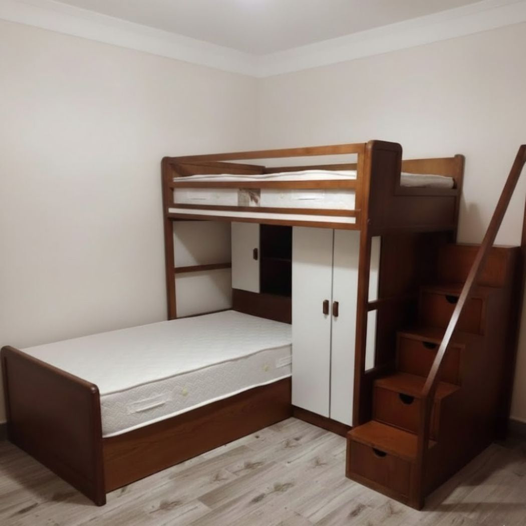 Two-tier beech wood baby bed with wardrobe and bookshelf, model KCT-009, luxury finish and smart solution for children's room