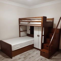 Two-tier beech wood baby bed with wardrobe and bookshelf, model KCT-009, luxury finish and smart solution for children's room