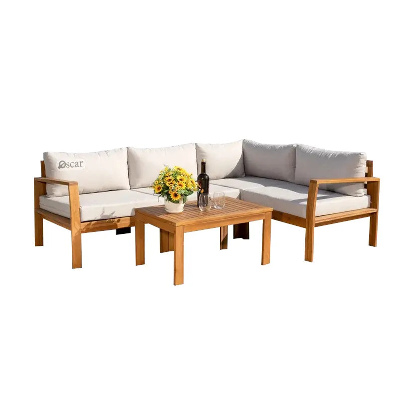 A wooden corner sofa that accommodates 6 people.