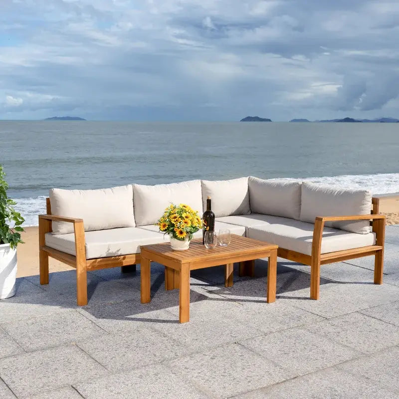 A wooden corner sofa that accommodates 6 people.
