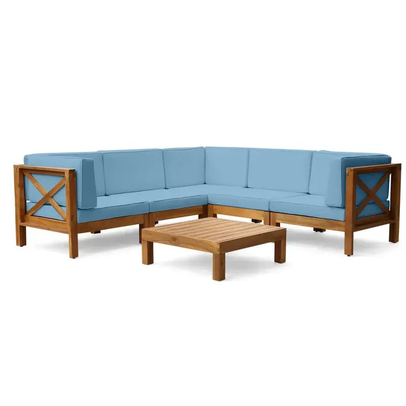 A corner sofa made of red beech wood that accommodates 6 people.