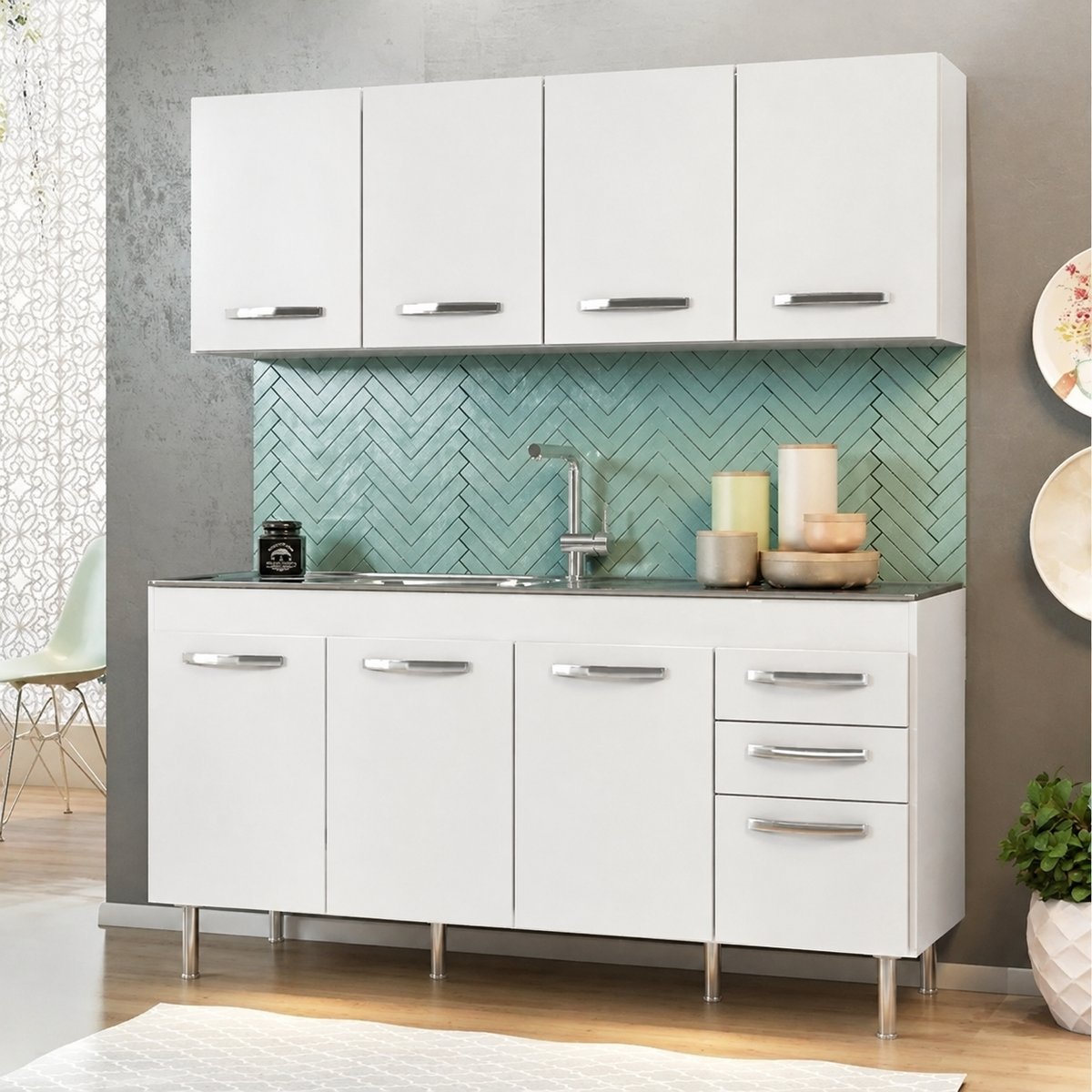 High-quality MDF wooden kitchen with stainless steel legs – an elegant, modern design