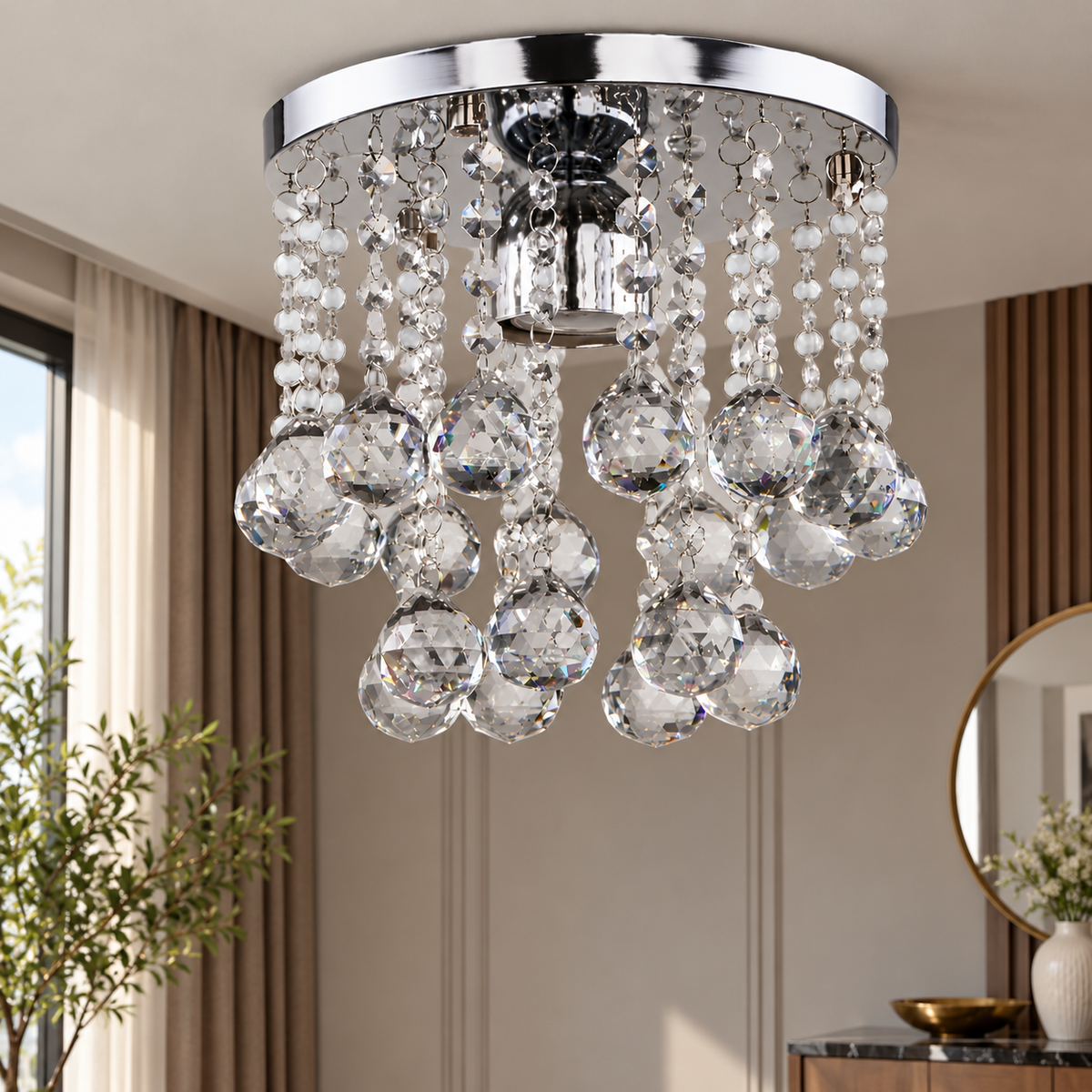 Small crystal and stainless steel chandelier with a luxurious touch
