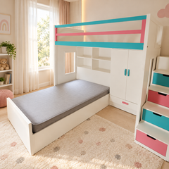 سرير أطفال دورين خشب زان مع دولاب ومكتبة موديل KCT-003 تصميم عملي وتشطيب عصري