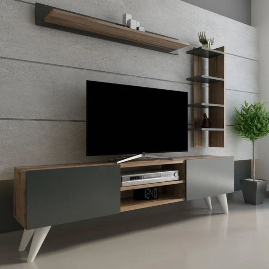 ترابيزة تلفزيون مودرن من خشب MDF مع وحدات تخزين ورف علوي لتنظيم أنيق لغرفة المعيشة HFS-002