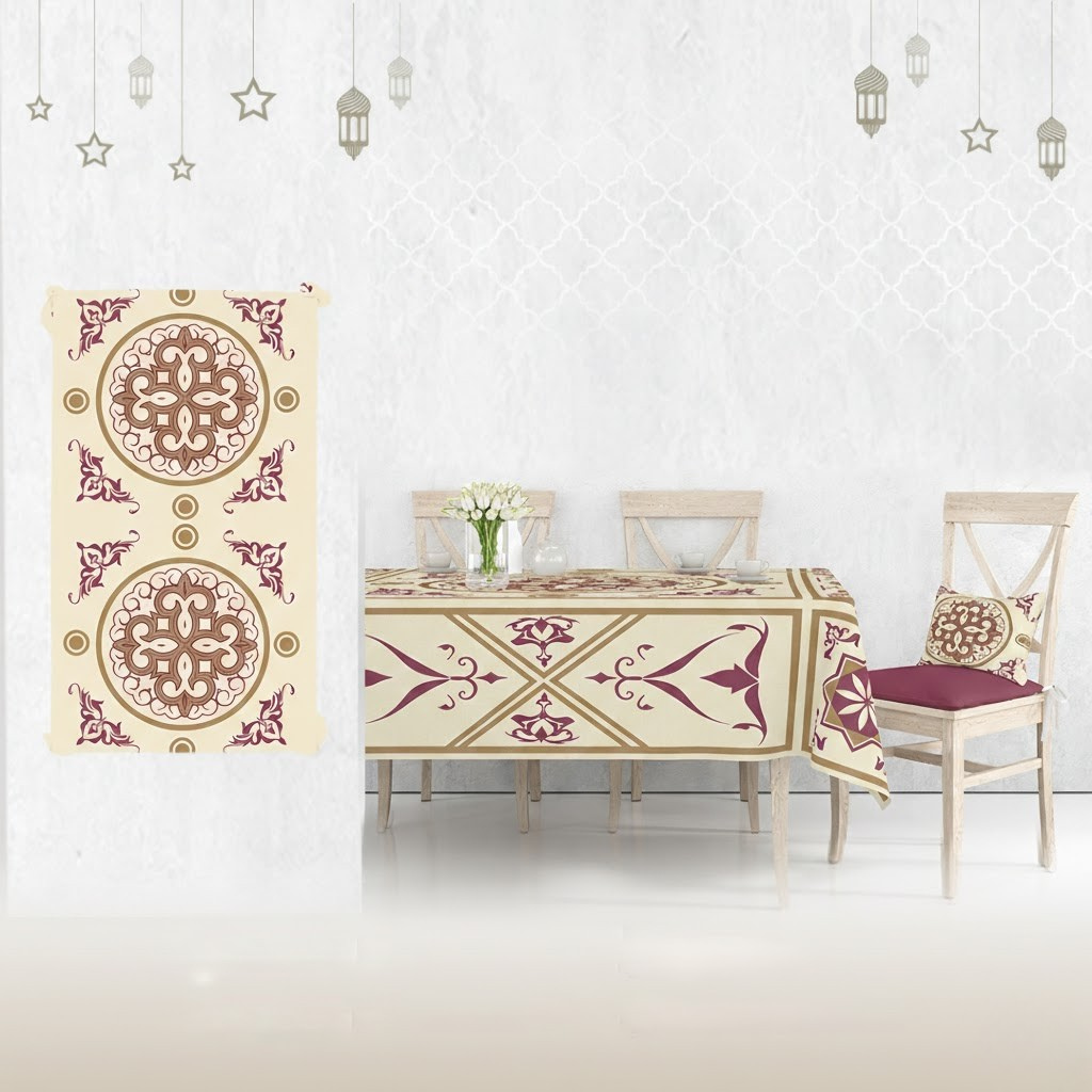 Ramadan Dining Tablecloth 250×145 cm Velvet Sabia Imported – Luxurious Design for Ramadan Gatherings | OS-RAM-090