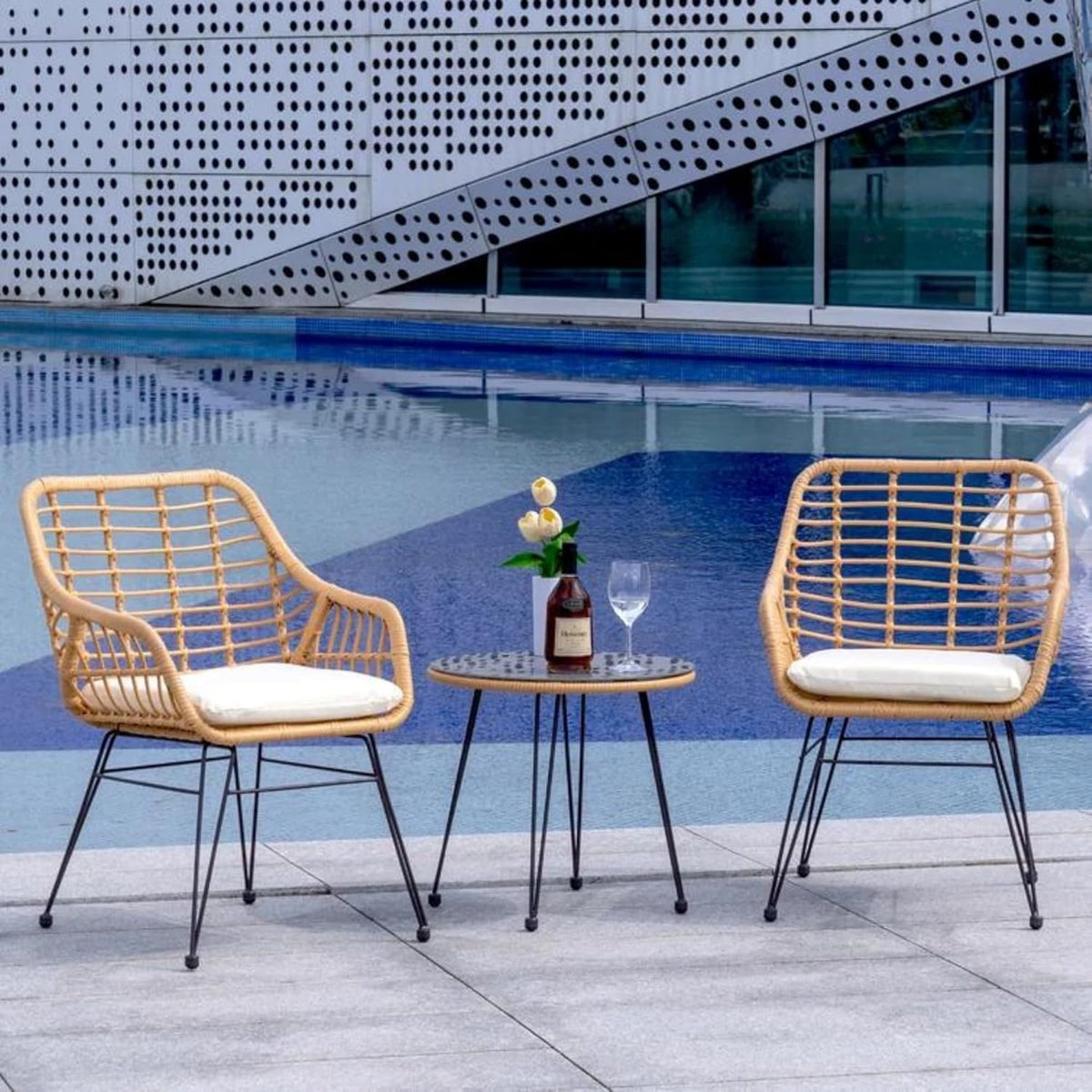 Set of 2 Rattan Chairs and Table in Black with Off-White Fabric – Modern Design for Home and Garden