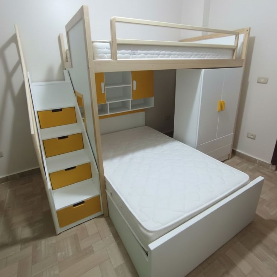 Two-tier beech wood baby bed with wardrobe and bookshelf, model KCT-010, luxurious finish and perfect organization for the children's room