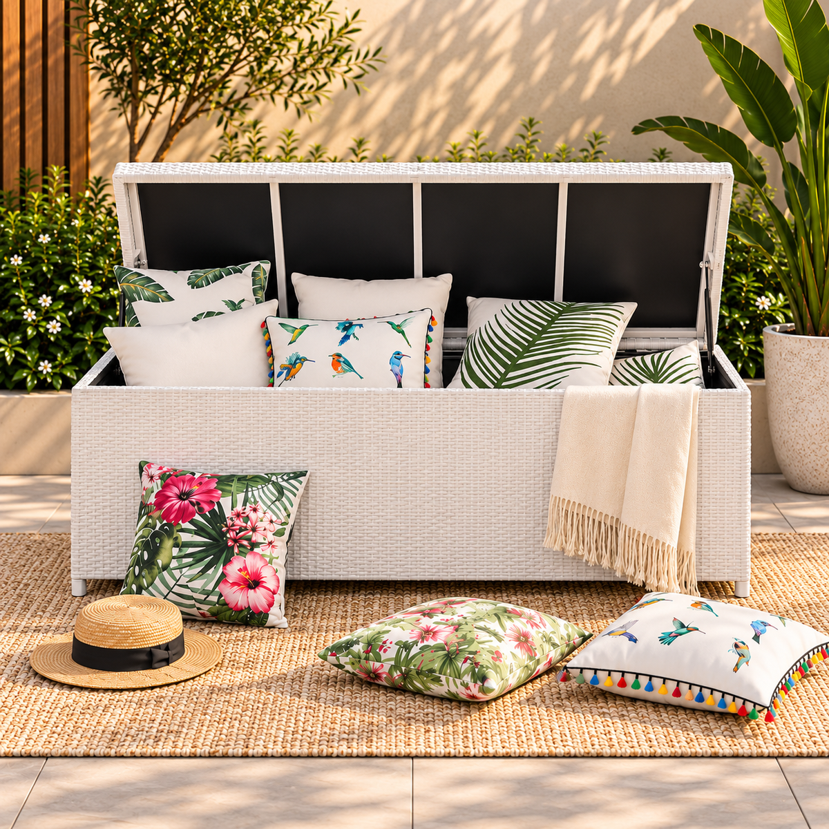 Large Outdoor Storage Box – Elegant White Rattan – 130×63×66 cm – Weather Resistant