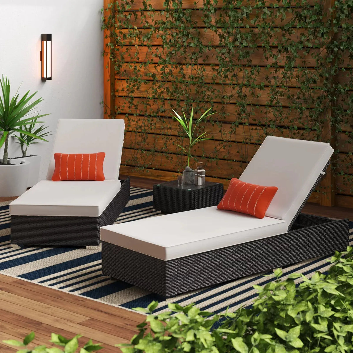 Set of 2 Pure Rattan Adjustable Chaise Lounges + Table – Waterproof – OS-Rt-0202