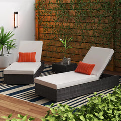 Set of 2 Pure Rattan Adjustable Chaise Lounges + Table – Waterproof – OS-Rt-0202
