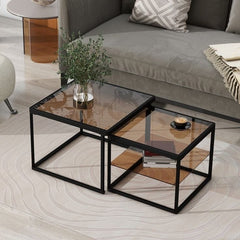 Set of metal coffee tables with glass top – luxurious modern design (2 pieces)