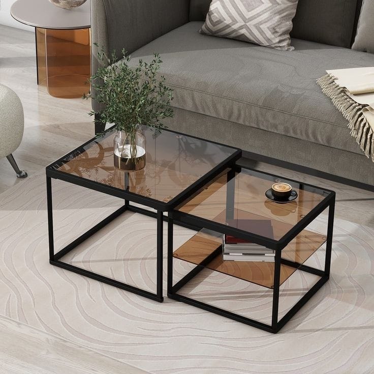 Set of metal coffee tables with glass top – luxurious modern design (2 pieces)