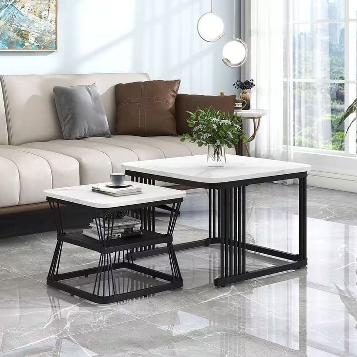 Set of metal coffee tables with marble top – luxurious modern design (2 pieces)