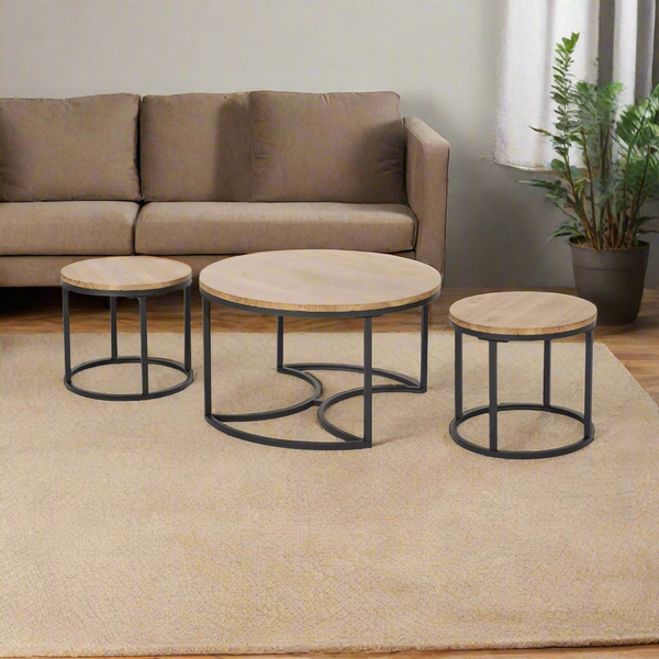 طقم 3 ترابيزات قهوة معدنية بسطح خشبي – تصميم مودرن أنيق