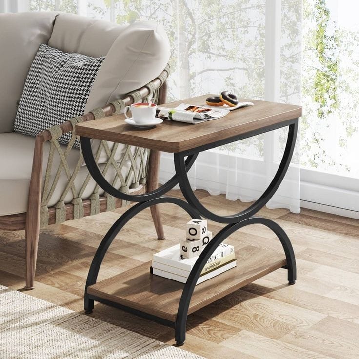 Metal side table with wooden surface – modern elegant design