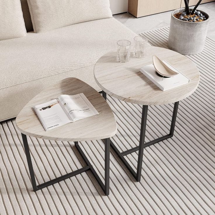 Set of metal side tables with wooden surface – elegant modern design (2 pieces)