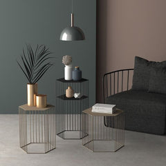 Set of 3 metal side tables with wooden surface – elegant modern design