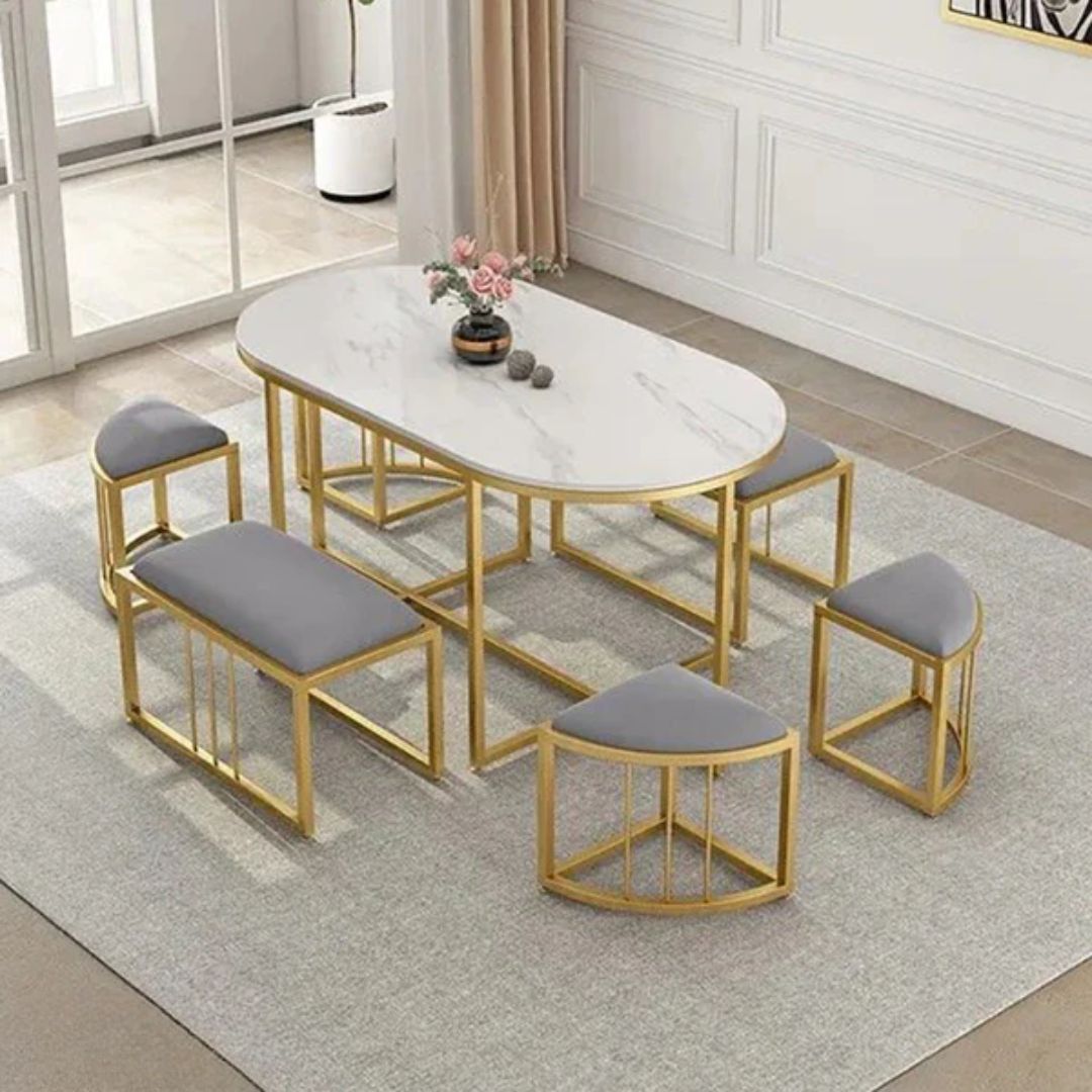 Dining table - 6 metal seats and a white Carrara marble table - LUS-143