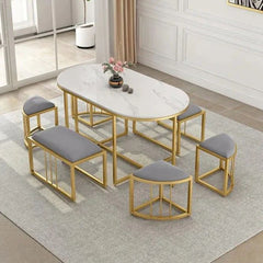 Dining table - 6 metal seats and a white Carrara marble table - LUS-143