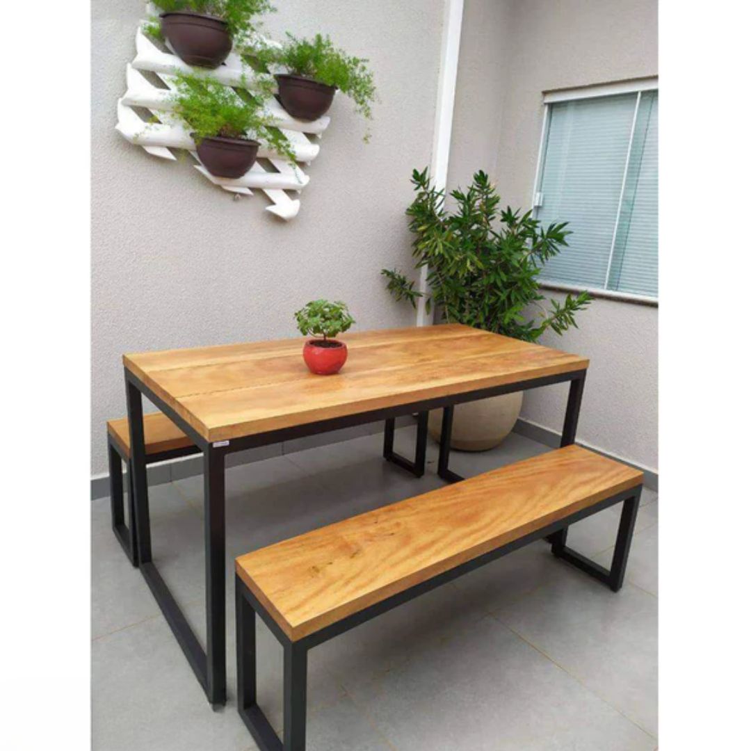 Dining Table and 2 Rectangular Seats, Steel and Wood - SRS-017