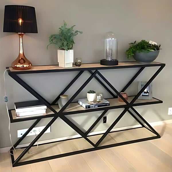 كونسول معدني بسطح خشبي – تصميم مودرن أنيق