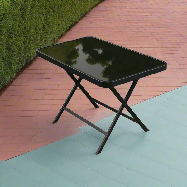 Rectangular Foldable Metal Table – Black | Elegant Fumé Glass Surface